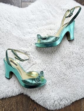 Vintage Y2K Dolce & Gabbana Metallic Teal Bow Slingback Platform Heels